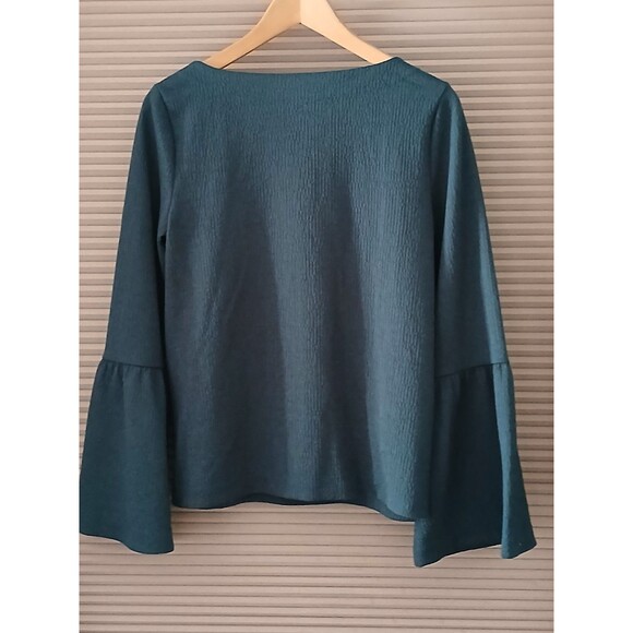 Ann Taylor Blue Green Long-Sleeve Blouse Sz Small Bell-Sleeve Career Business - Picture 2 of 7